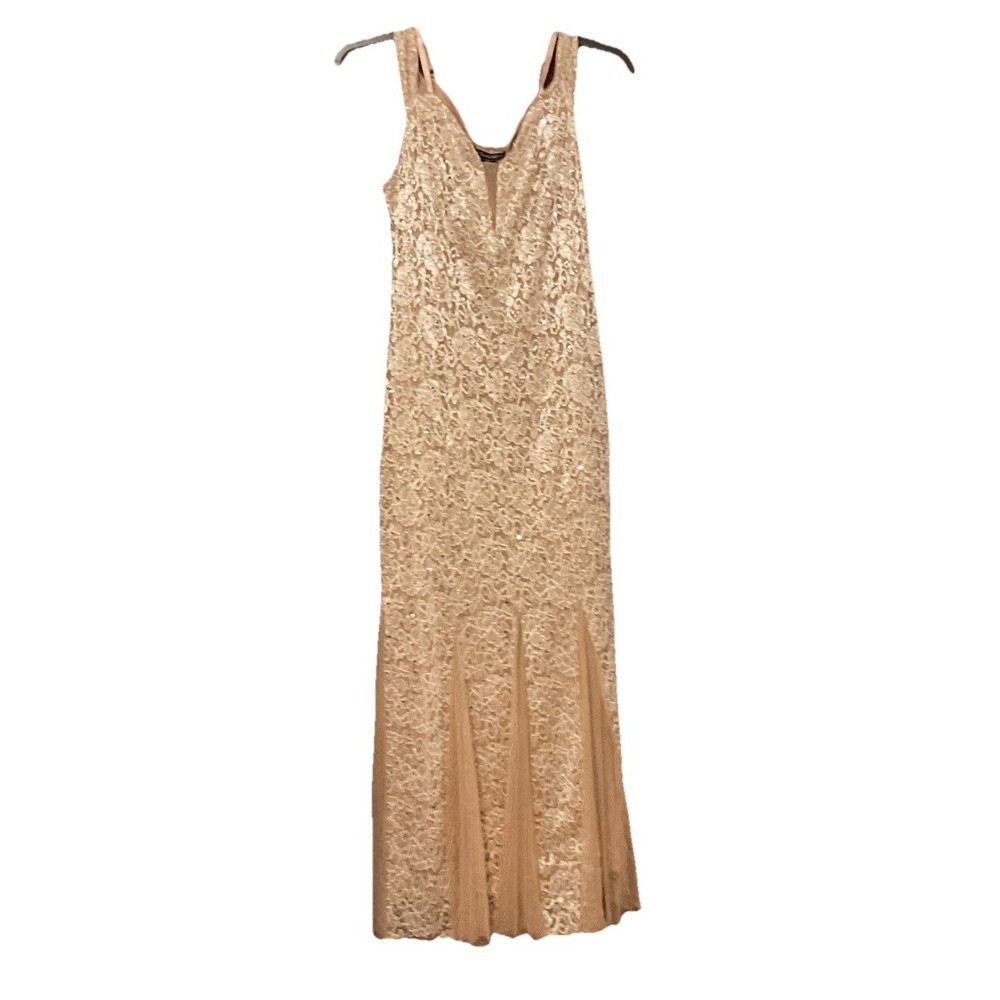 Candalite Size L Long Beige Golden Floral Prom Formal Homecoming Dress Pre-owned